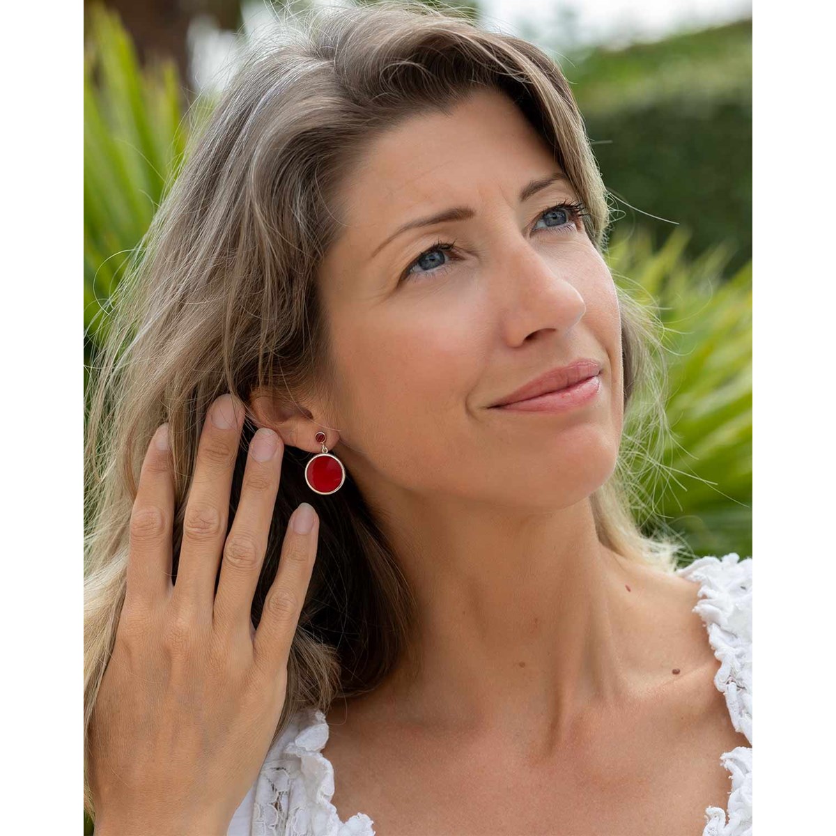 Boucles d'Oreilles Mira Argent 925 et Corail | ADEN Design Géométrique | Bijou Moderne - vue 3