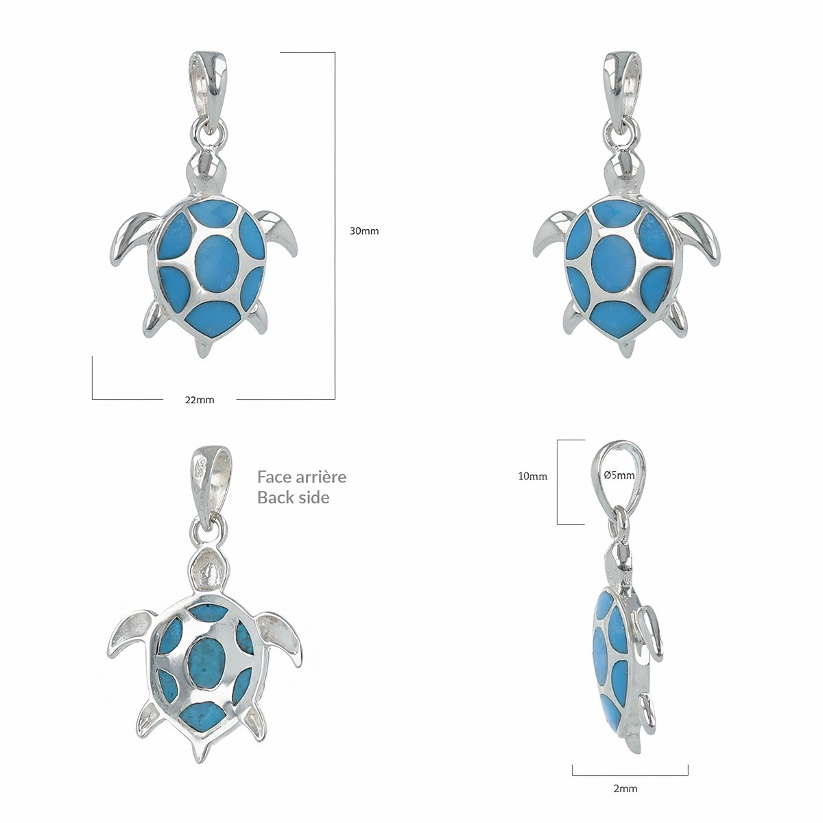 Pendentif Isabella Argent 925 et Turquoise | ADEN Design Tortue | Bijou Marin - vue 2