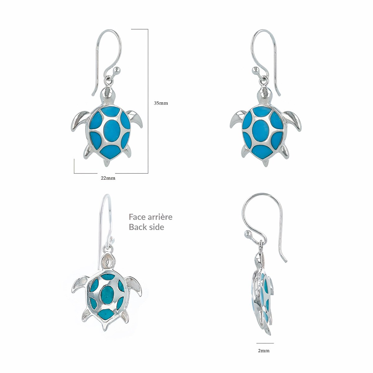 Boucles d'Oreilles Isabella Argent 925 et Turquoise | ADEN Design Tortue | Bijou Marin - vue 3