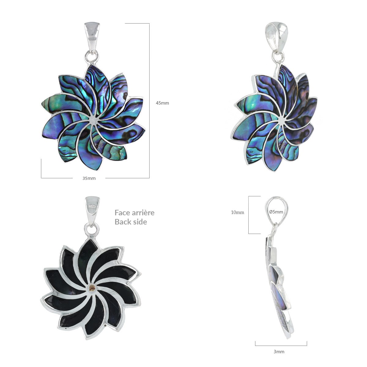 Pendentif Fleur Spirale VAHINE en Nacre Abalone sur Argent 925 - Bijou Artisanal ADEN - vue 3