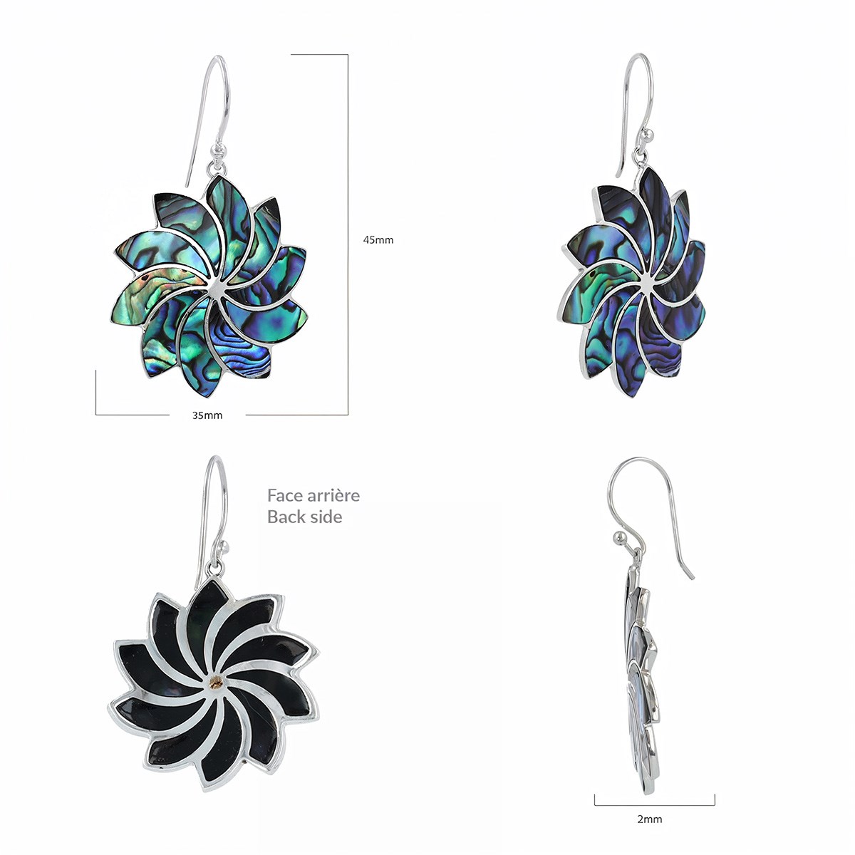 Boucles d'Oreilles VAHINE Fleur Spirale en Nacre Abalone sur Argent 925 - Bijoux Artisanaux ADEN - vue 3