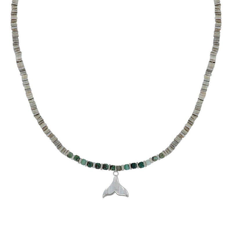 Collier ou Bracelet Queue de Baleine Argent Perles Facettées de Turquoise Anneaux Gris