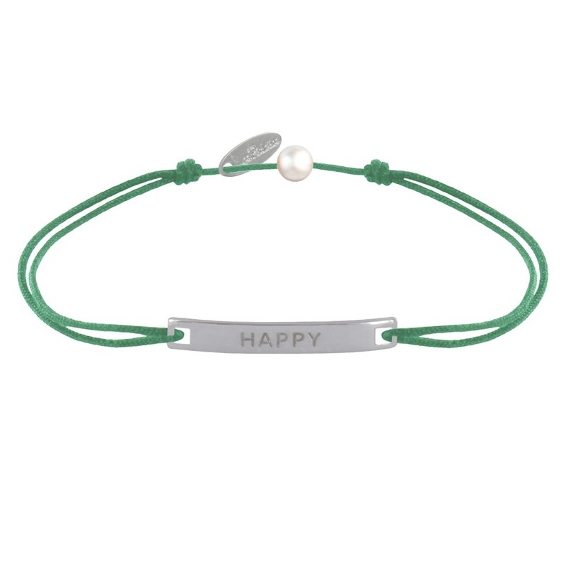 Bracelet Lien Plaque Incurvé en Argent Gravé Happy - Vert