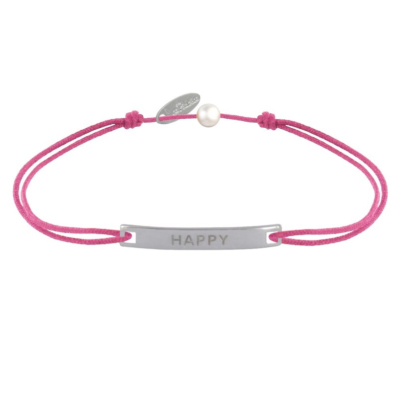 Bracelet Lien Plaque Incurvé en Argent Gravé Happy - Fuchsia