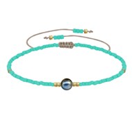 Bracelet Lien Perle d'Eau Douce Noire et Petites Perles Mates - Vert d'Eau