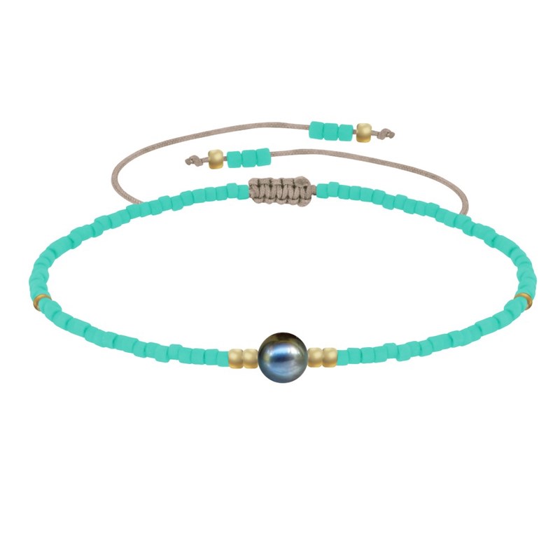 Bracelet Lien Perle d'Eau Douce Noire et Petites Perles Mates - Vert d'Eau