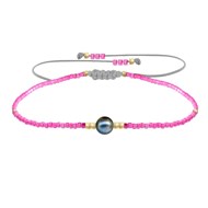 Bracelet Lien Perle d'Eau Douce Noire et Petites Perles Brillantes - Rose Fluo