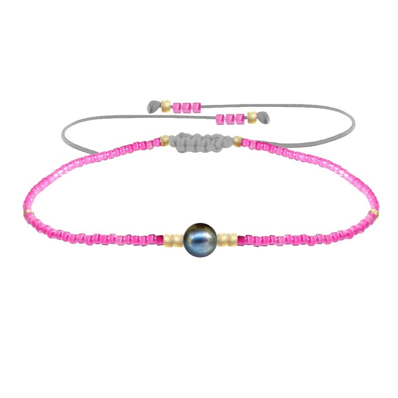 Bracelet Lien Perle d'Eau Douce Noire et Petites Perles Brillantes - Rose Fluo