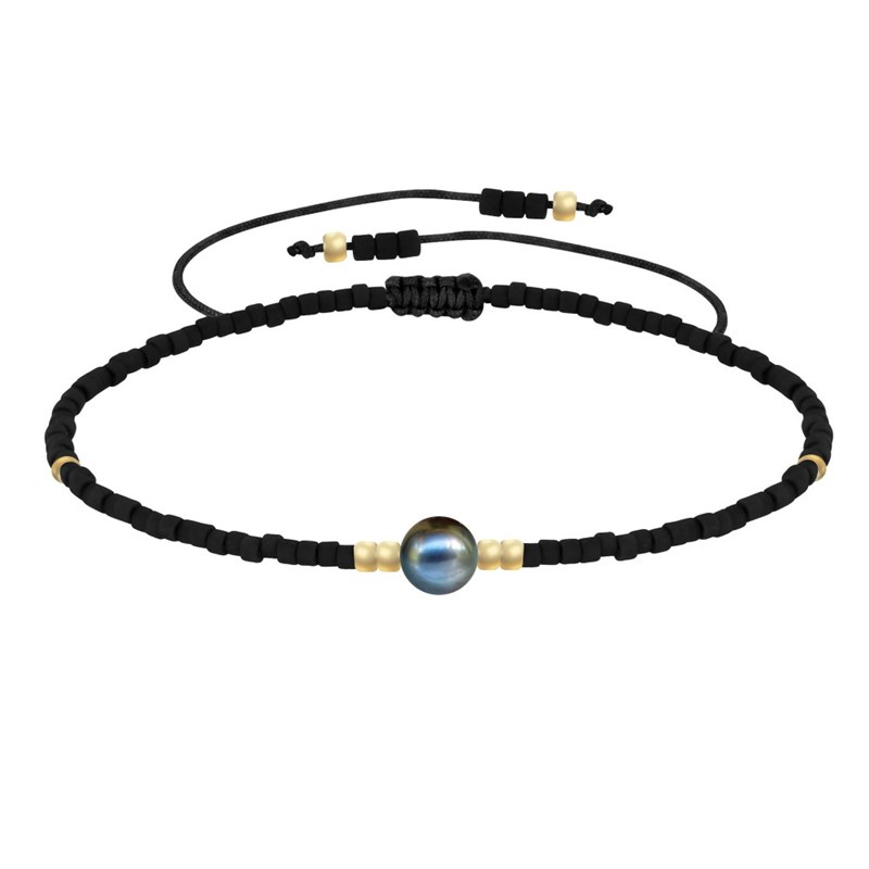 Bracelet Lien Perle d'Eau Douce Noire et Petites Perles Mates - Noir