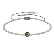 Bracelet Lien Perle d'Eau Douce Noire et Petites Perles Mates - Gris clair