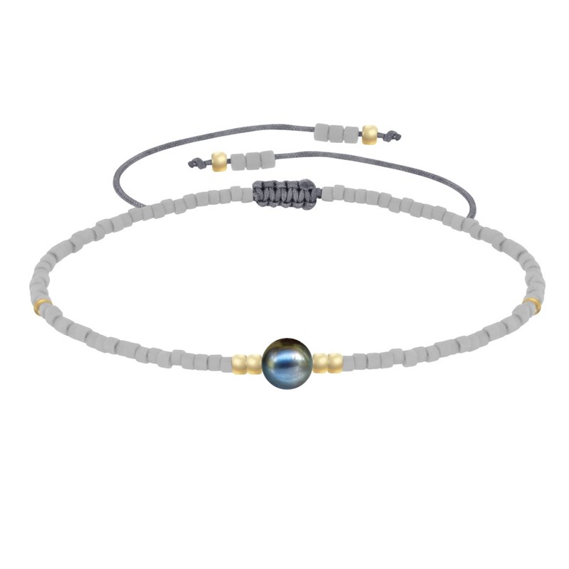 Bracelet Lien Perle d'Eau Douce Noire et Petites Perles Mates - Gris clair