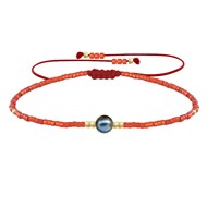 Bracelet Lien Perle d'Eau Douce Noire et Petites Perles Brillantes - Rouge