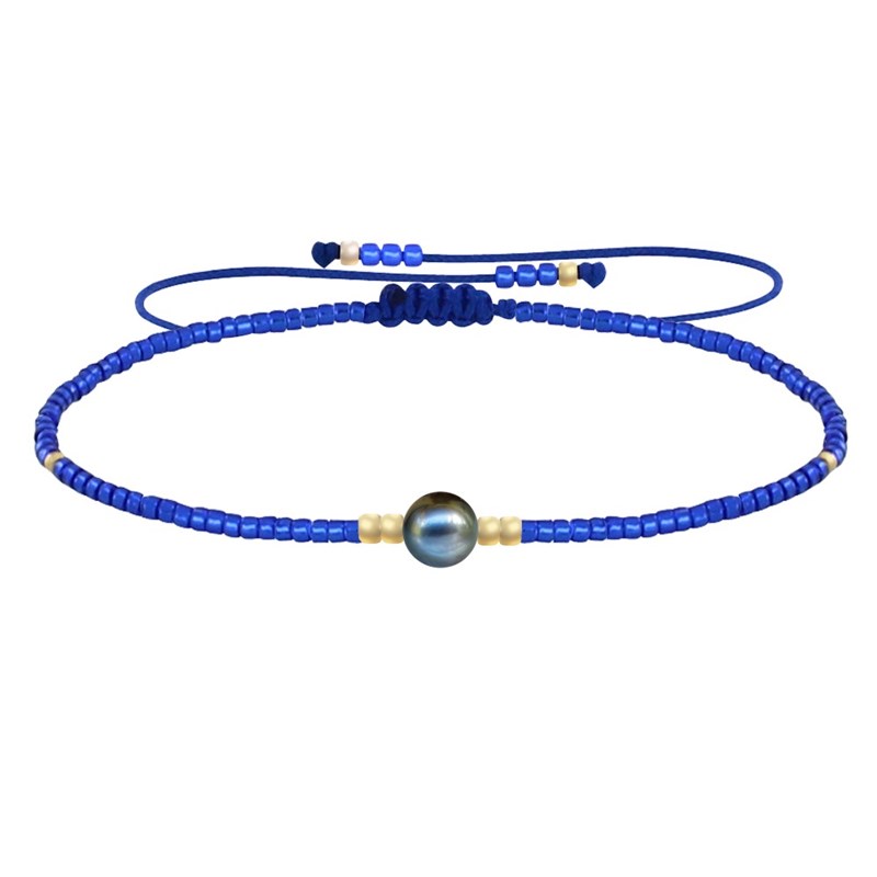 Bracelet Lien Perle d'Eau Douce Noire et Petites Perles Brillantes - Bleu