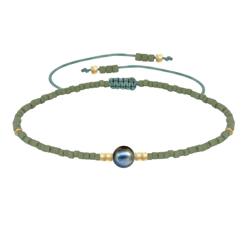 Bracelet Lien Perle d'Eau Douce Noire et Petites Perles Mates - Vert kaki