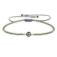 Bracelet Lien Perle d'Eau Douce Noire et Petites Perles Brillantes - Vert kaki