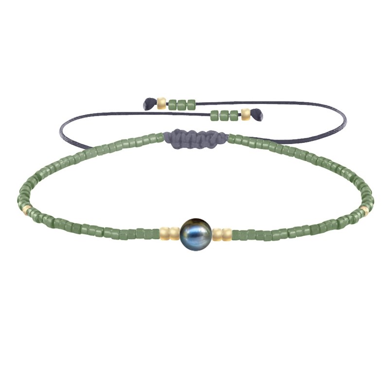 Bracelet Lien Perle d'Eau Douce Noire et Petites Perles Brillantes - Vert kaki