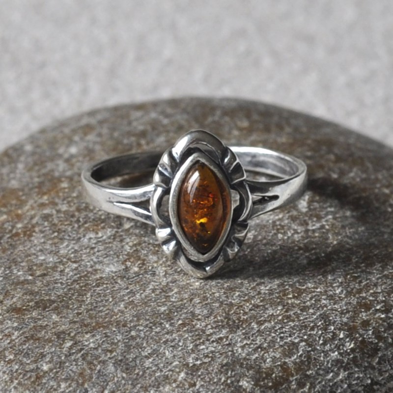 Bague Argent Navette et Ambre - vue 4