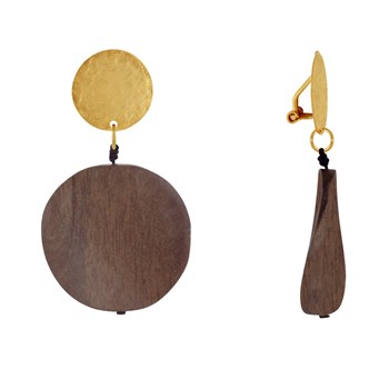 Earrings Clip Matte Brass Brushed Pastille Round Wooden Petal