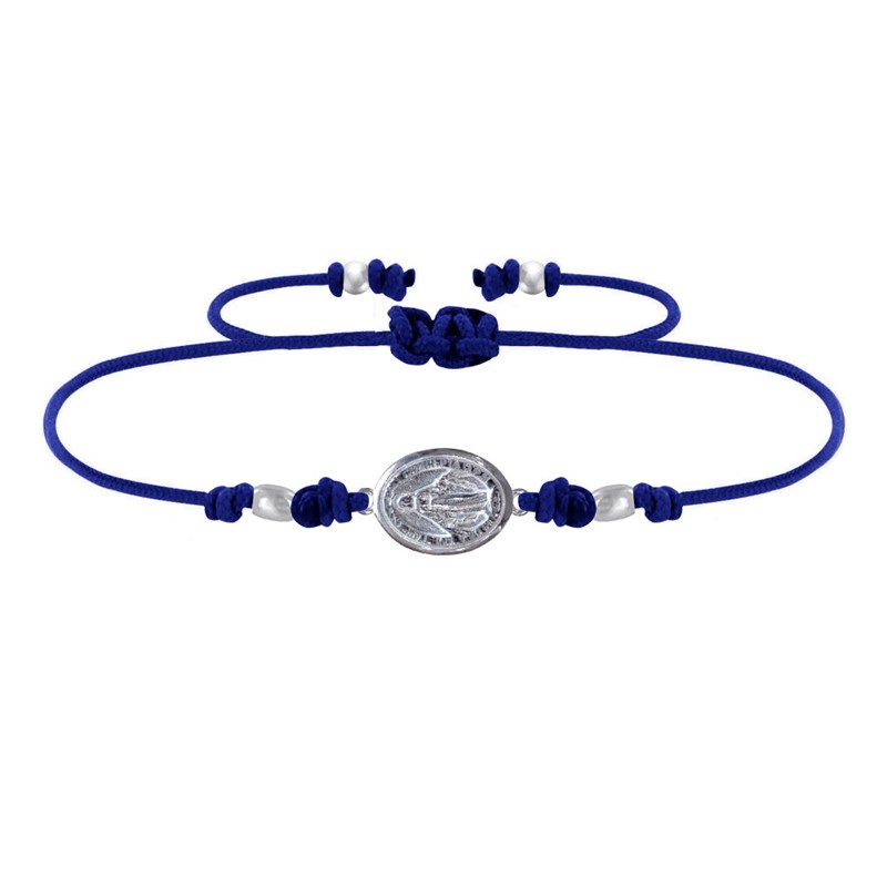 Bracelet Lien Médaille Argent Ovale Vierge Miraculeuse - Bleu Navy