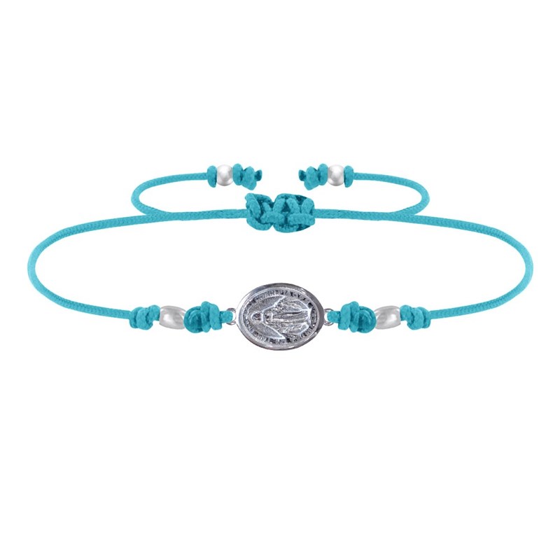 Bracelet Lien Médaille Argent Ovale Vierge Miraculeuse - Turquoise