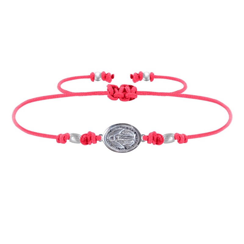 Bracelet Lien Médaille Argent Ovale Vierge Miraculeuse - Rouge Fluo