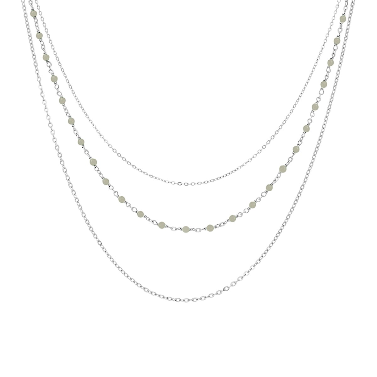 Collier Argent Rhodié Triple Collier Petite Perles Pierre Labradorite