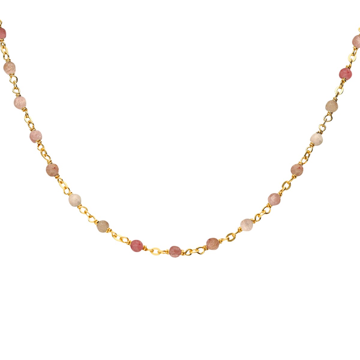 Collier Argent Doré Et Pierres Naturelles Quartz Rose Fraise