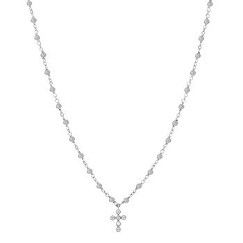 Collier Argent Rhodié Croix En Zirconium Blanc Et Pierres Labradorite