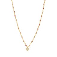 Collier Argent Doré  Coeur Diamanté Et Pierres Quartz Rose Fraise