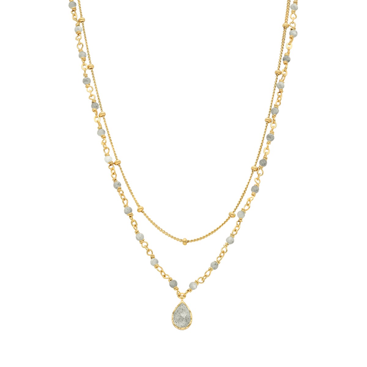 Collier Argent Doré Goutte Doubles Chaînes Pierres Labradorite