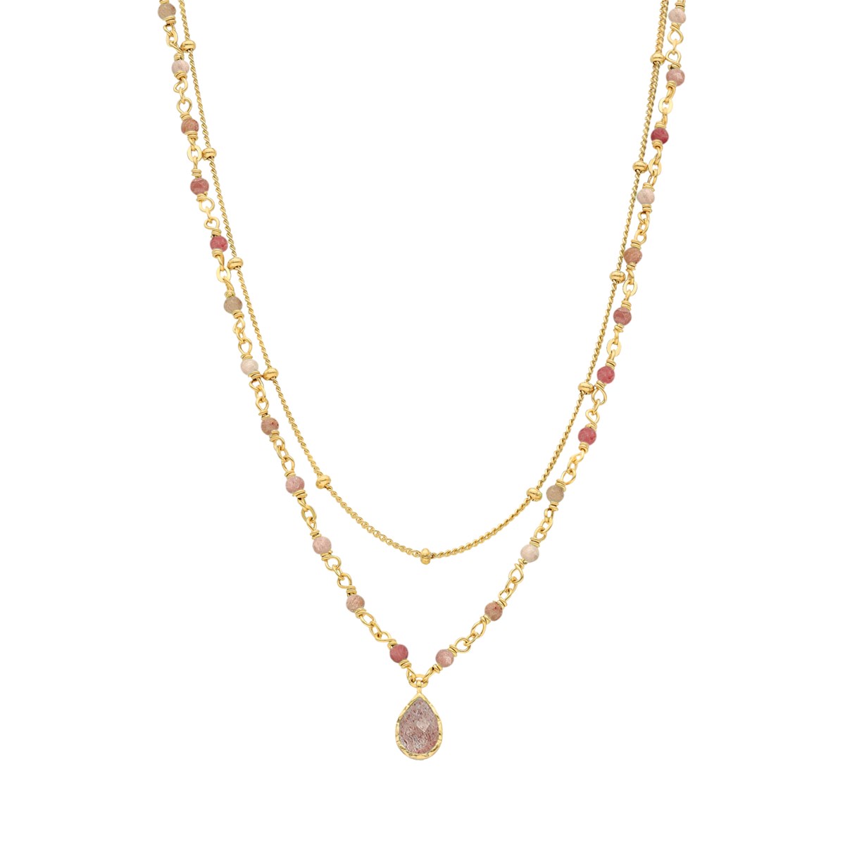 Collier Argent Doré Goutte Doubles Chaînes Pierres Quartz Rose Fraise