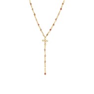 Collier Argent Doré Cravate Croix Et Pierres Quartz Rose Fraise