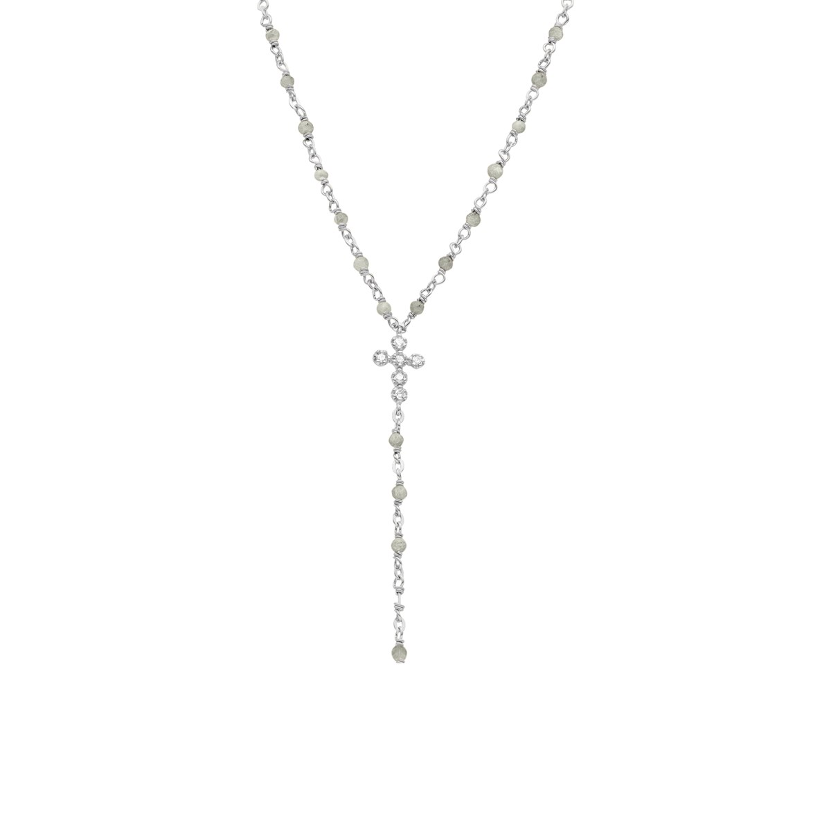 Collier Argent Rhodié Cravate Croix Et Pierres Labradorite