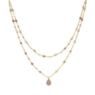 Collier Argent Doré Double Chaine Goutte Pierres Naturelles Quartz Rose Fraise