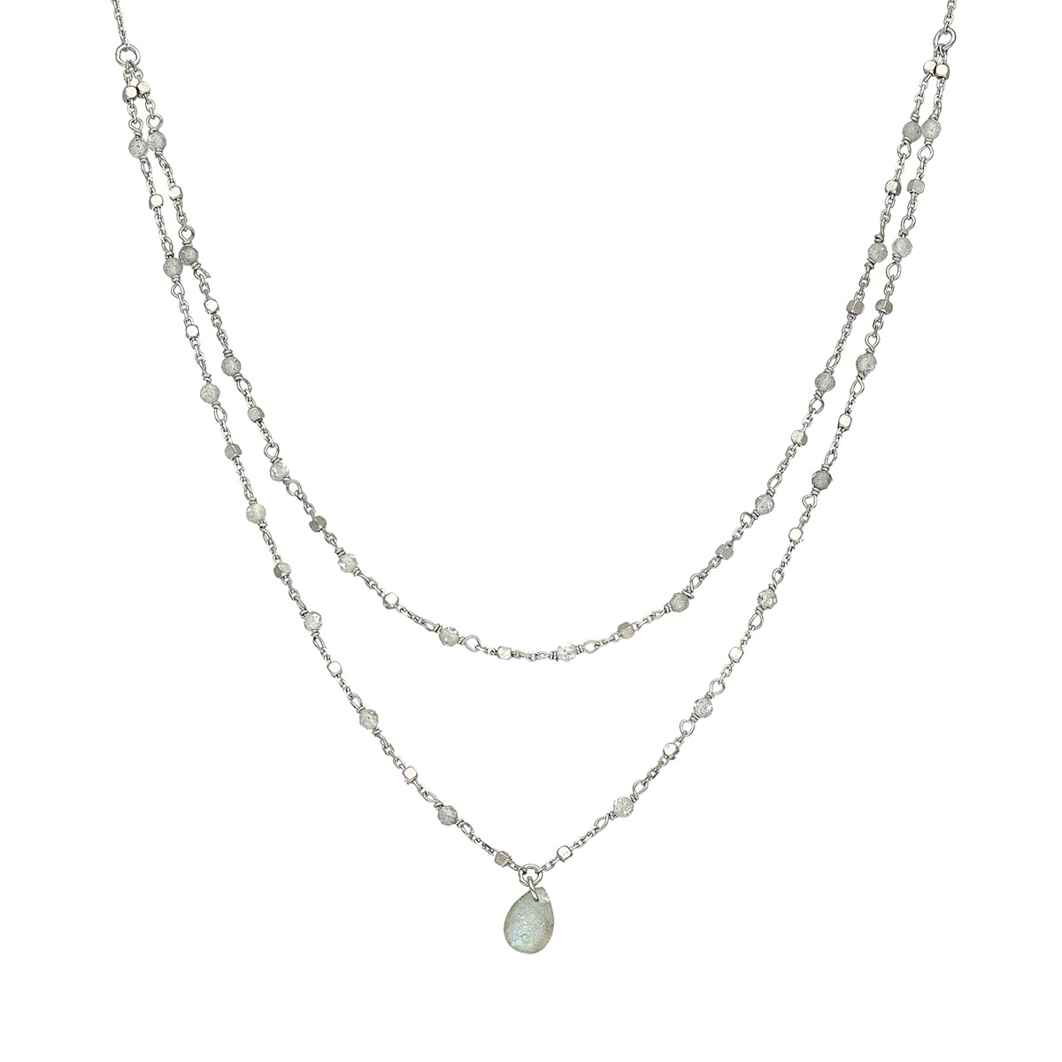 Collier Argent Rhodié Double Chaine Goutte Pierres Naturelles Labradorite