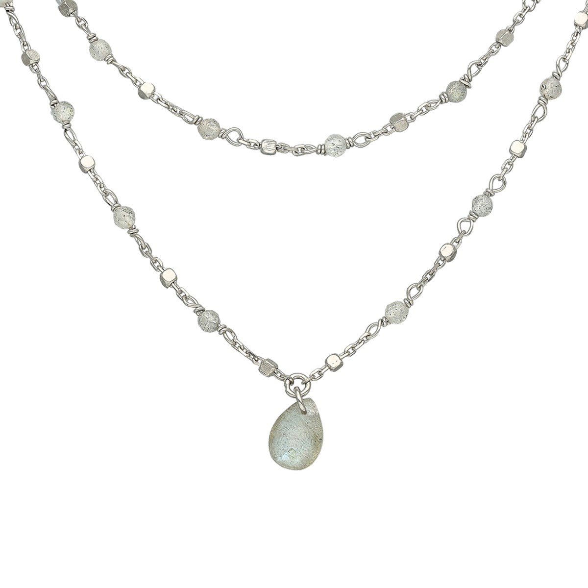 Collier Argent Rhodié Double Chaine Goutte Pierres Naturelles Labradorite - vue 2