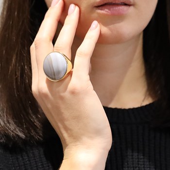 Bague Cabochon Luxe En Argent Doré Et Pierre Naturelle Agate Grise