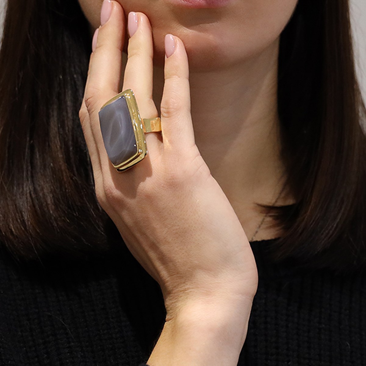 Bague à Volume Rectangle En Argent Doré Et Pierre Naturelle Agate Grise - vue 2