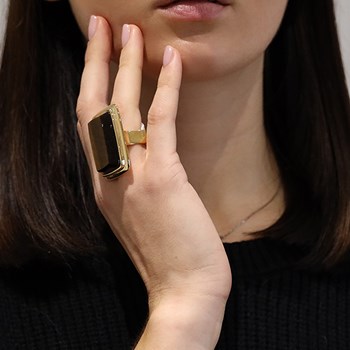 Bague à Volume Rectangle En Argent Doré Et Pierre Naturelle oeil De Tigre