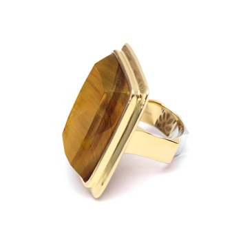 Bague à Volume Rectangle En Argent Doré Et Pierre Naturelle oeil De Tigre