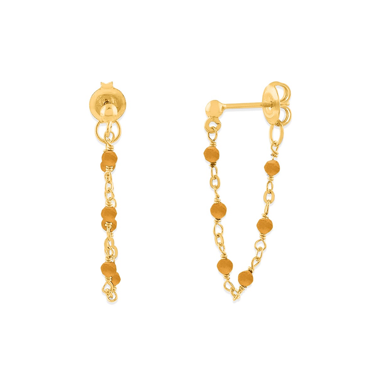 Boucles D'oreilles Argent Dorée Chaine Et Pierres Naturelles oeil De Tigre