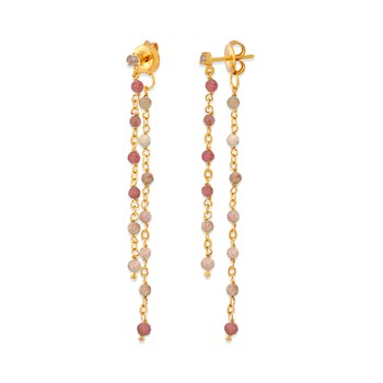 Boucles D Oreilles Argent Dorée Double Chaine Longue Et Pierres Naturelles Quartz Rose Fraise