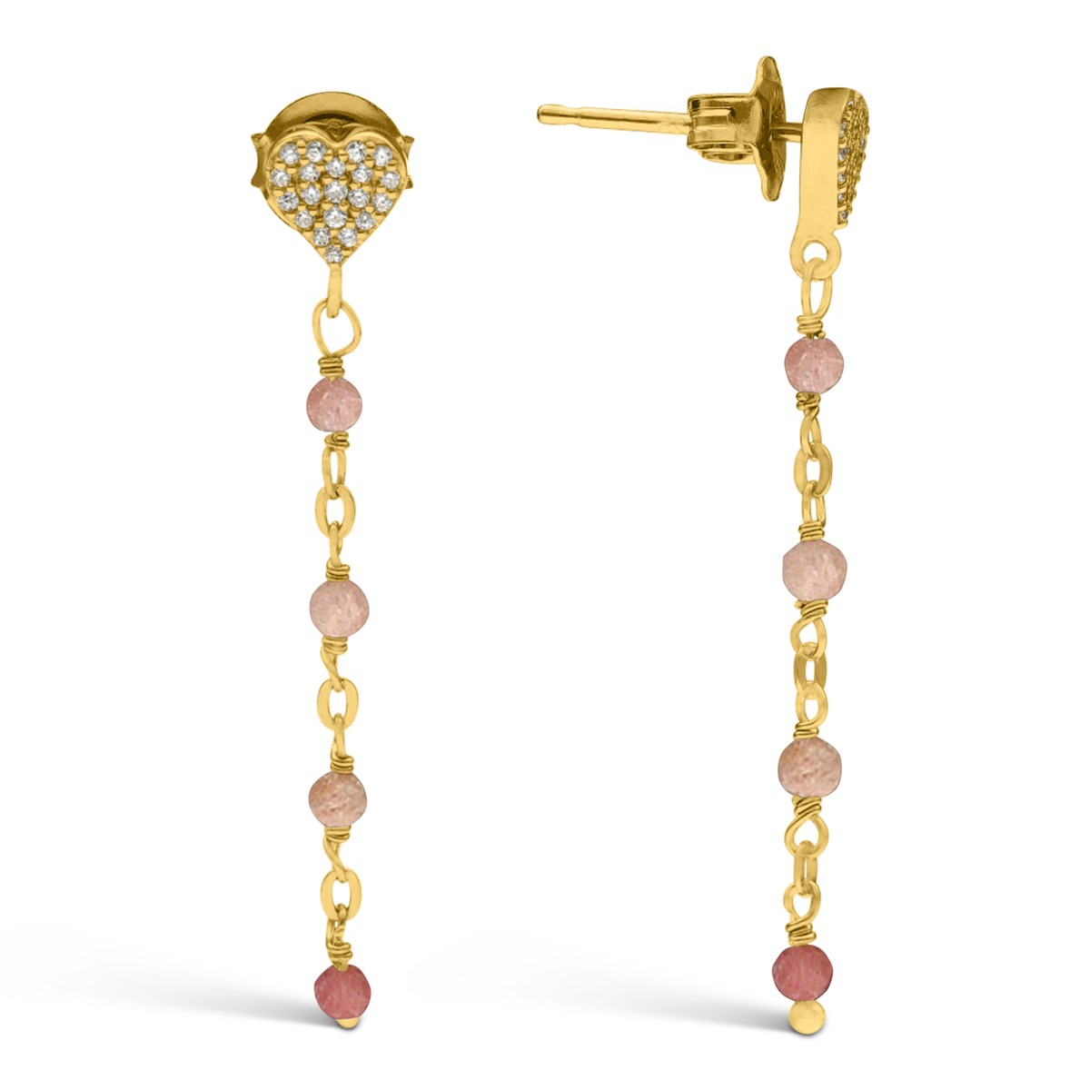 Boucles D'oreilles Argent Doré Pendantes Coeur Pierres Quartz Rose Fraise