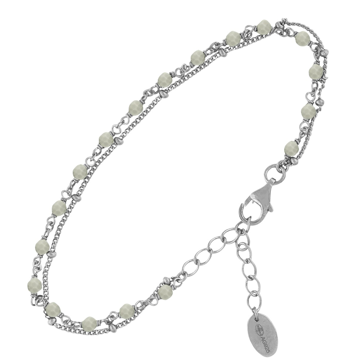 Bracelet En Argent Rhodié Double Chaine Pierres Naturelles Labradorite