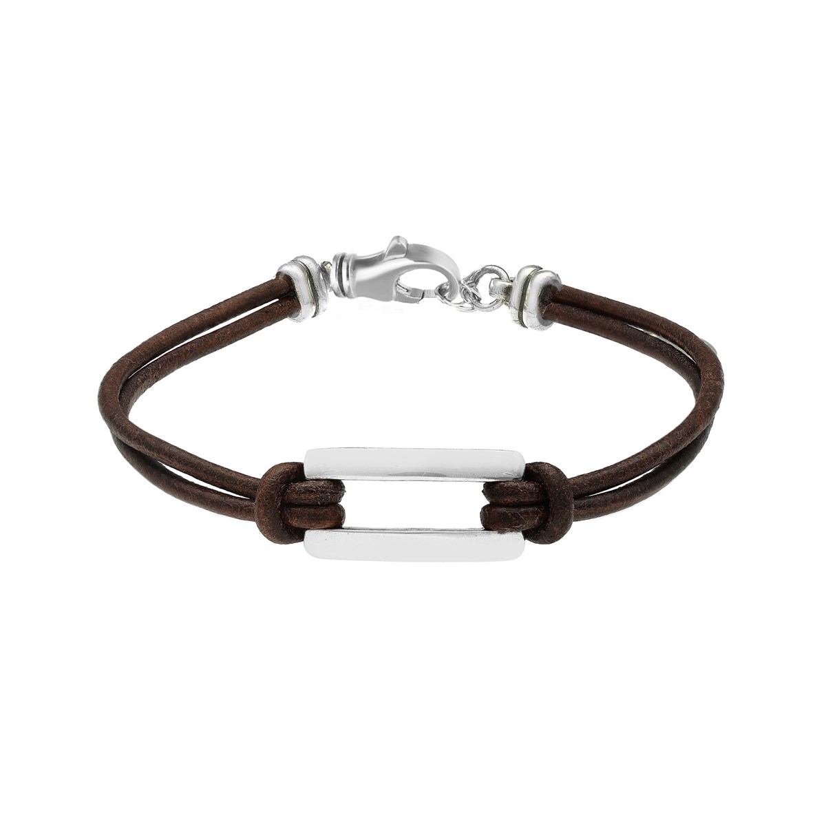 Bracelet Homme En Argent Et Cordon Cuir Marron