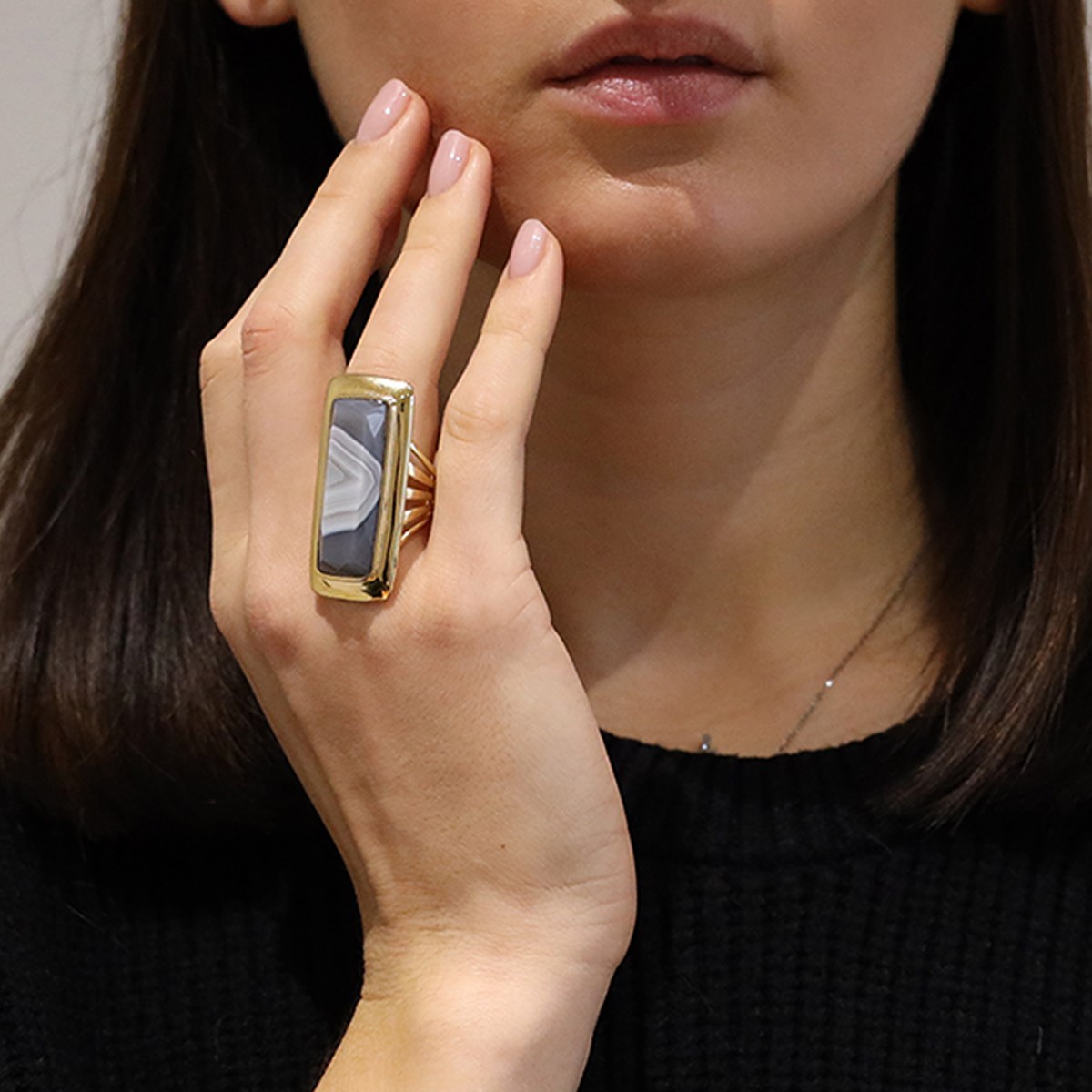 Bague à Volume En Argent Doré Longue En Pierre Naturelle Agate Grise - vue 2