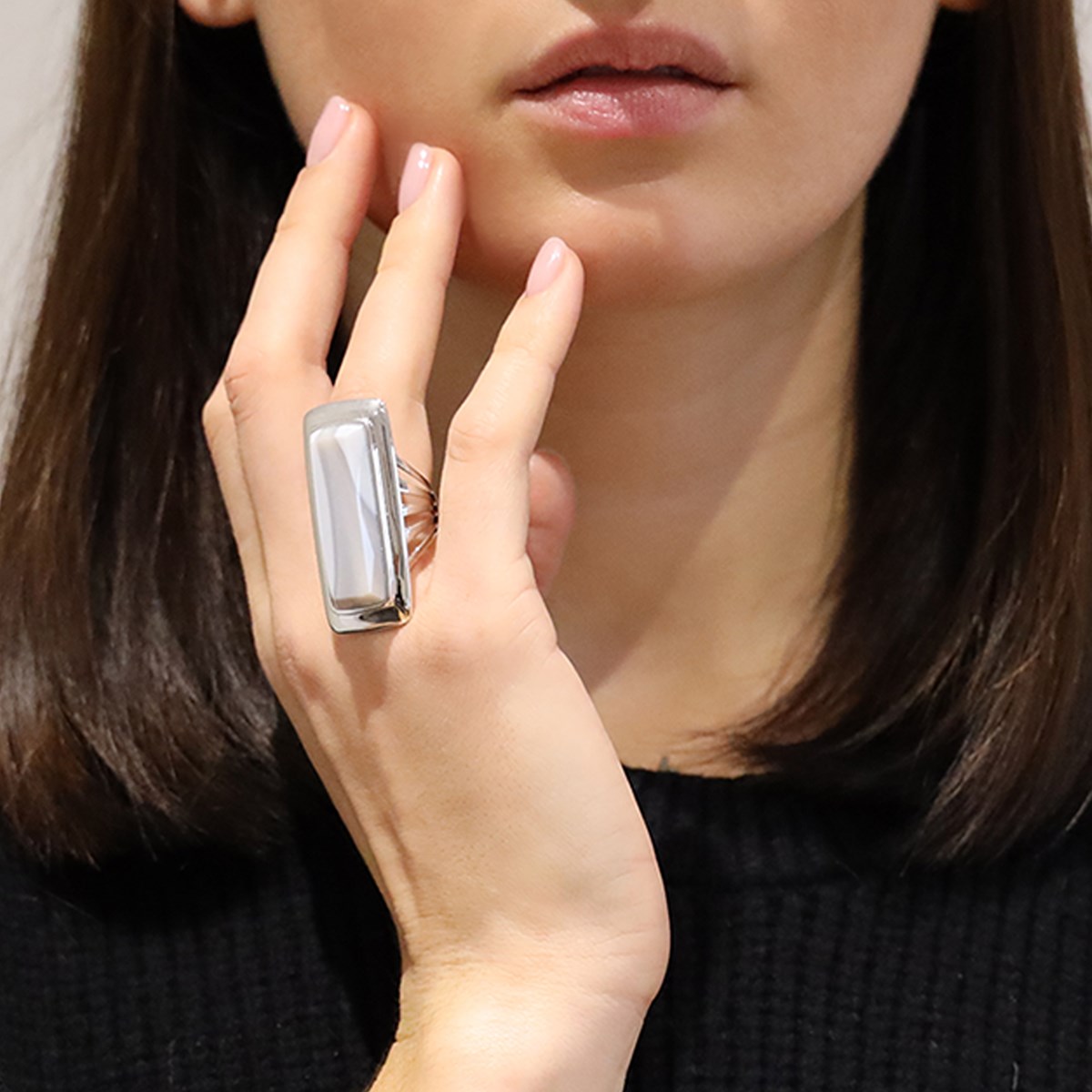 Bague à Volume En Argent  Longue En Pierre Naturelle Agate Grise - vue 2