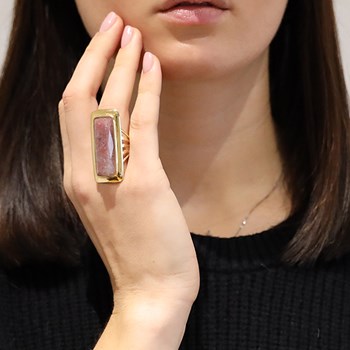 Bague à Volume Longue Argent Doré En Pierre Naturelle Quartz Fraise