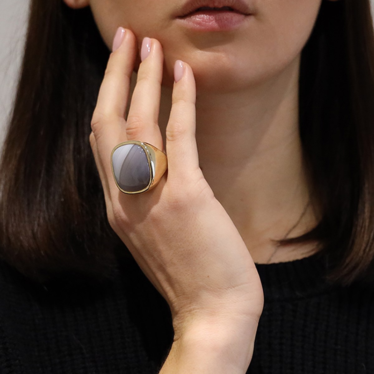 Bague à Volume Carrée En Argent Doré Et Pierre Naturelle Agate Grise - vue 2