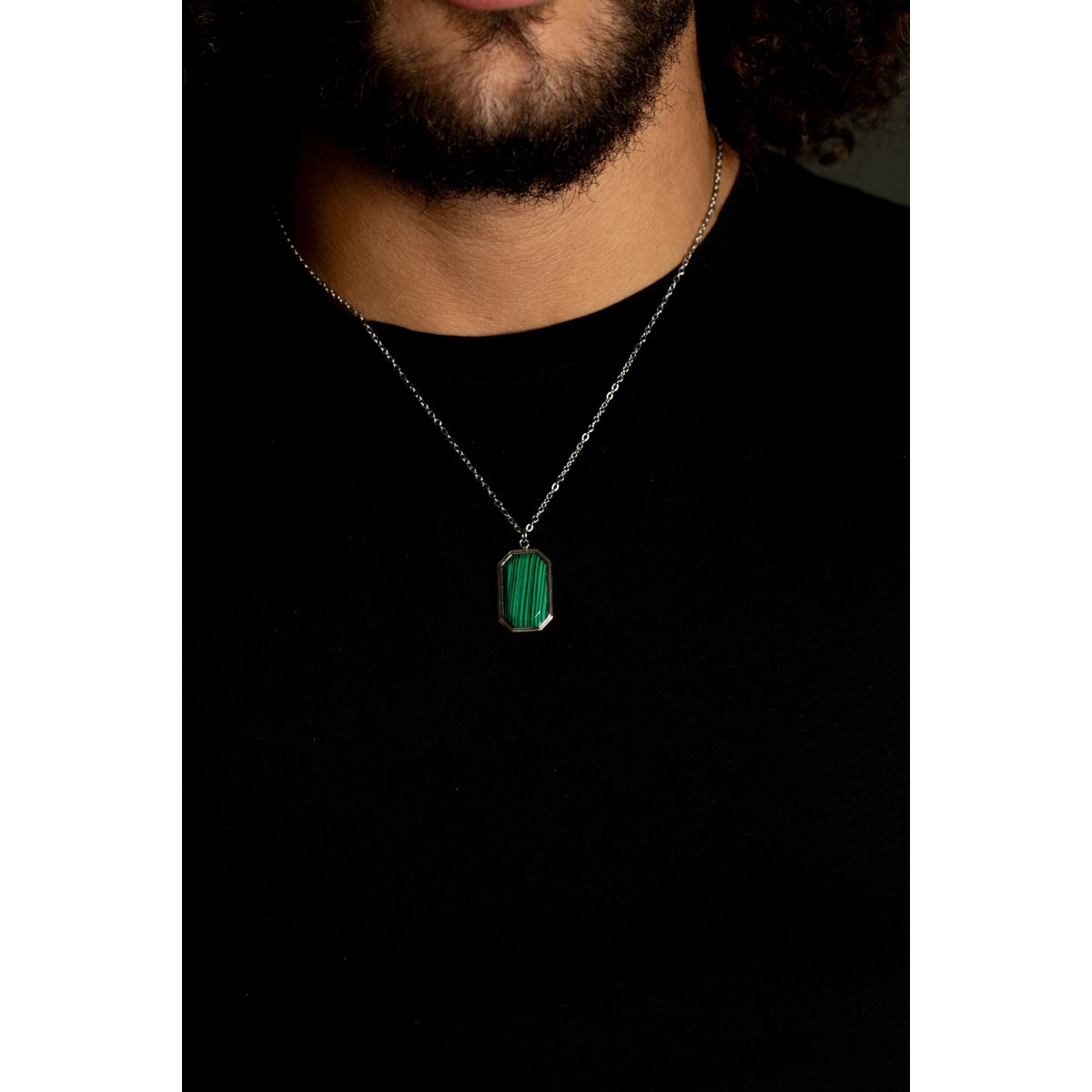 Collier mono-motif Mason en Acier 316L avec malachite vert - vue 2